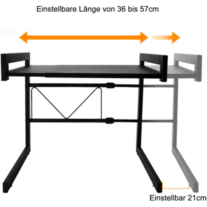 Стійка для мікрохвильової печі, 2-ярусна, чорна. Розширювана, з 6 гачками. Розміри: 36–57 x 36,5 x 80 см