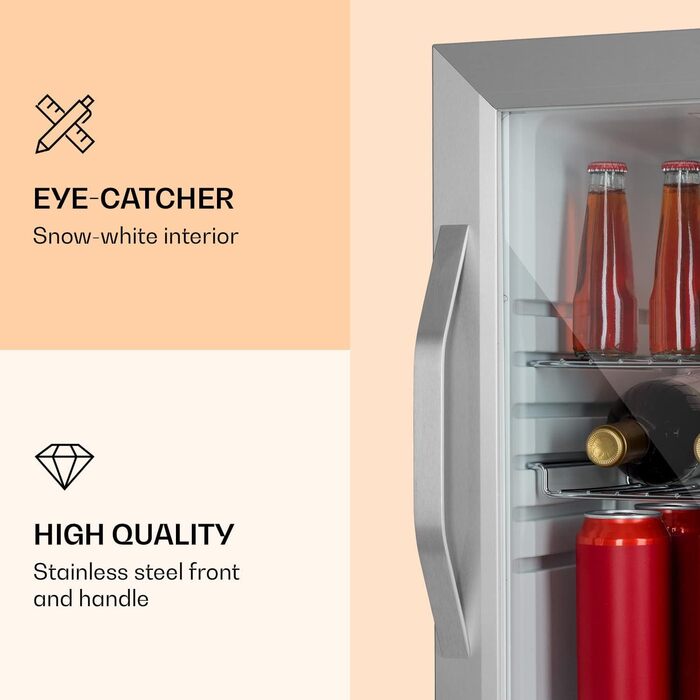 Міні-холодильник Klarstein з скляними дверцятами, 33 л, срібний, для кімнати, тихий, з регульованими полицями