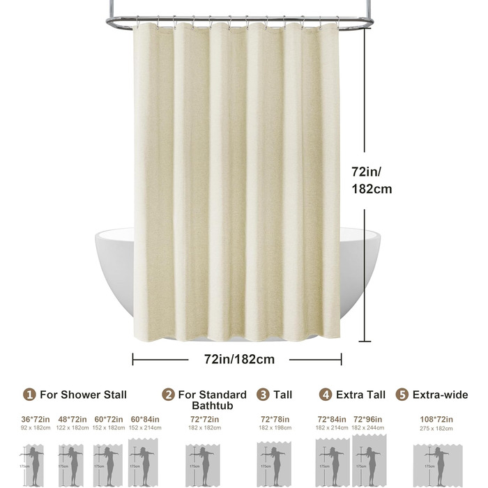 Штора для ванної кімнати льон з металевими кільцями, бежева 182x182 см - Водонепроникний текстильний комплект для ванни