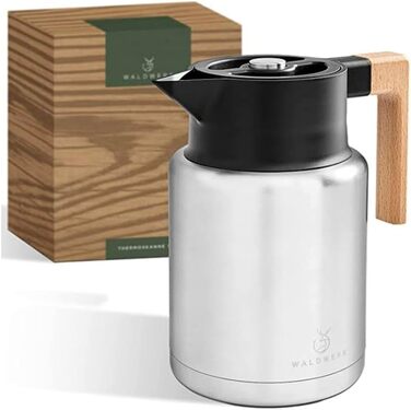 WALDWERK Thermos Flask (1.4L) - Coffee Pot made of double-walled 304 stainless steel with an elegant wooden handle - Insulated carafe with a drip-free spout - Coffee Pot Thermo