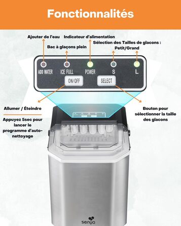 Машина для приготування льоду SENYA – 2 розміри кубиків, 12 кг/24 год, бак 1,3 л, LED-дисплей, інфрачервоне виявлення, нержавіюча сталь