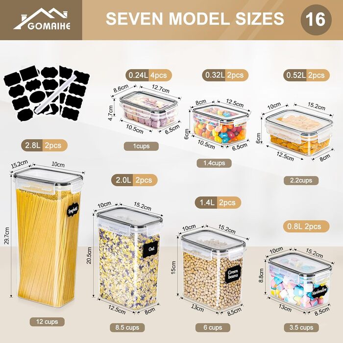 Набір контейнерів для зберігання GoMaihe 16 шт. - герметичні бокси для кухні, продуктів, круп, мюслі, рису, мелу та корму для тварин