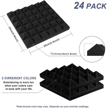 Звукопоглинаючі панелі AGPtEK, акустичний поролон для студії, офісу та кімнати (25 x 25 x 5 см, 24 шт), чорний