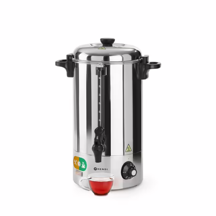 HENDI Hot Beverage Dispenser, Single-Walled, for Mulled Wine and Boiling Water (not for hot chocolate), Temperature continuously adjustable 94-99°C, Dry-boil protection, 9L, 230V, 2200W, 340x227x(H)468mm, Stainless Steel