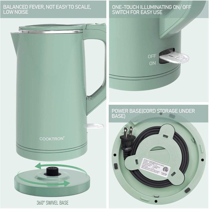 Cooktron Leiser Kettle, Stainless Steel Kettle 1.7L, Extra Quiet <30dB, BPA-Free, 2000W, Cool Touch, Double-Walled Design, Fast Heating, Green 1.7 Liter Green