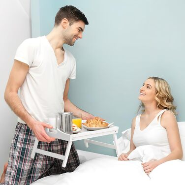 Набір з 2 столів-таць Mxbamhyc з бамбука: для сніданку, сервірування, з підставкою для телефону, білий