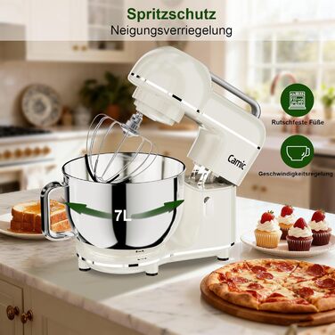 Кухонний комбайн-міксер Camic 2000W, чаша з нержавіючої сталі 7л, 10 швидкостей, набір насадок та захист від бризок, білий