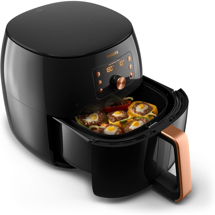 Philips Airfryer XXL with Rapid Air Technology - Hot Air Fryer with 7.3L Capacity, 90% Less Fat, Smart Sensing for Perfect Results, QuickClean, Recipe App, Black/Copper (HD9867/90)