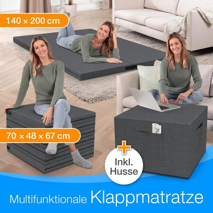 Складаний гостьовий матрац ELONEO maxVitalis 140x200 см з чохлом, висота 8 см, ортопедичний, розкладне ліжко для гостей і подорожей, знімний чохол, придатний для прання