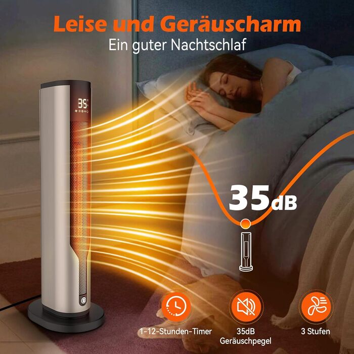 Електричний обігрівач 1500W з PTC керамічним нагрівачем, тихий 34 dB, термостат, таймер 12 год, захист від перегріву та перекидання. Ідеальний для спальні, з пультом дистанційного керування (сірий)