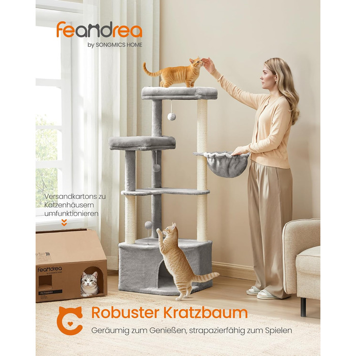 Драбина для котів Feandrea з великою затишною печерею, платформами та іграшками, 140.7 см, сірий PCT009G01