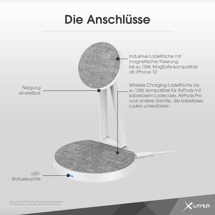 XLayer MagFix Pro 2-в-1 зарядний стан для Apple MagSafe: підставка, бездротова зарядка iPhone 16/15/14/13/12/11 Pro Max Plus, AirPods (сірий/білий)
