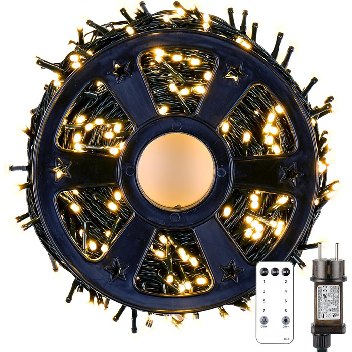 Ланцюжок прикрас MAGGIFT з 200 LED для внутрішнього та зовнішнього використання, 60м. З пультом, таймером, регулюванням яскравості, водонепроникний. Підходить для прикраси ялинки та зовнішнього декору. Тепле біле світло.