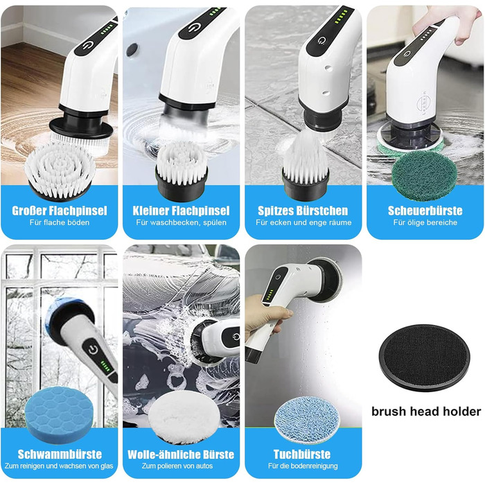Електрична щітка для чищення Spin Scrubber бездротова, з 8 насадок, регульована ручка для ванної, кухні, авто та підлоги