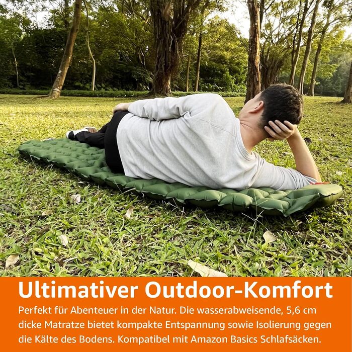 Amazon Basics Camping Sleeping Pad - Lightweight, Waterproof, with Foot Pump, 5.6 inch Thick, Olive Green
