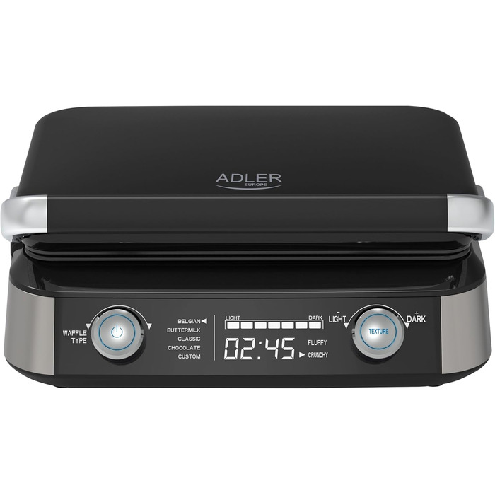Вафельниця Adler Belgische Waffel – електрична вафельниця з LCD-дисплеєм, 2400W, 5 програм, 7 рівнів підсмажування, глибокі нагрівальні пластини 12x13x2 см