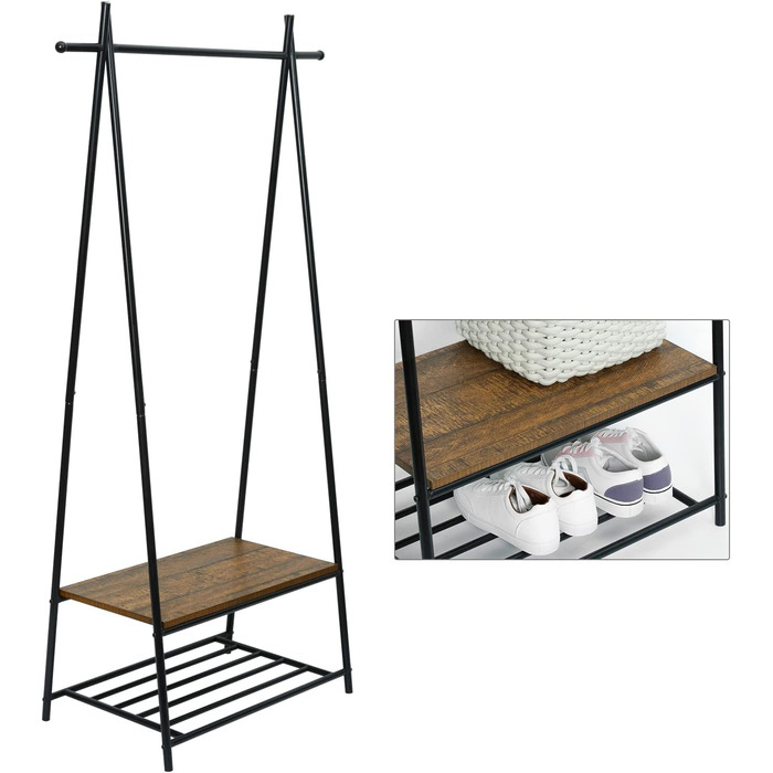 Coat rack, clothes rail, coat rack with shoe storage, metal frame, for hallway, living room and veranda, retro-industrial clothes rack, 64cm x 41cm x 162cm, retro brown-black