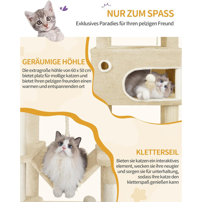 Драбина-кіготь для котів Hzuaneri, 203 см, з великою платформою, 2 печери, 7 кігтеточок, помпони, лежанки, гамак, для всіх порід котів, бежевий MS20318YL XXL (60 x 50 x 203 см)