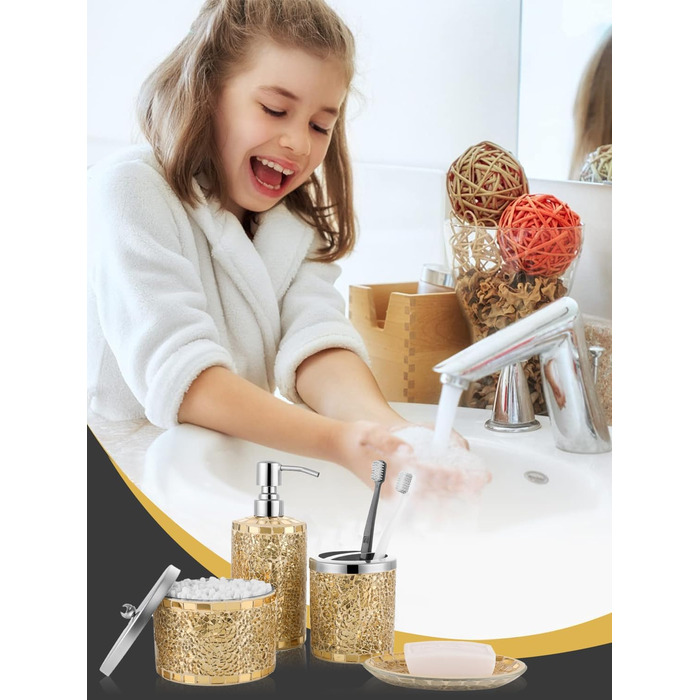 Набір аксесуарів для ванної кімнати, 4 шт., золотий, з дозатором мила, скляницями для ватних паличок, тримачем для зубних щіток та мильничкою