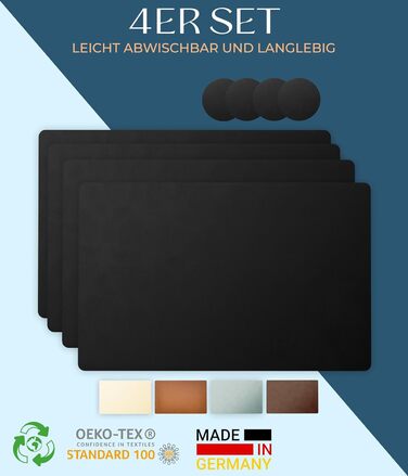 Table Placemats Washable 4-Pack – Sustainable, Stable & Non-Slip – High-Quality Recycled Leather, Made in Germany (Black)