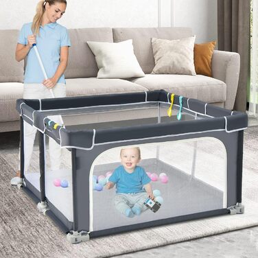 COSTWAY 124 x 124cm Baby Playpen, Foldable, Portable Playard with 50 Balls, 4 Grips, Locking Function, Crawling Gate with Net Walls & Door, Playpen Tent for Infants & Children (Dark Grey)