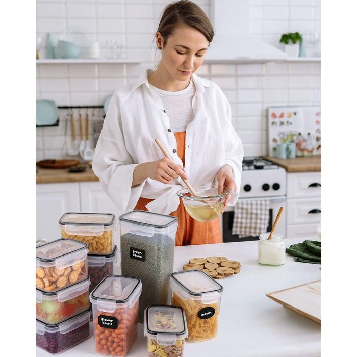 Набір контейнерів для зберігання продуктів 25 елементів (9x0.8L + 6x1.4L + 5x2L + 5x2.8L), герметичні, з кришкою, для кухні, органайзер, пластик, для спагеті, борошна, мюслі, кукурудзяних пластівців