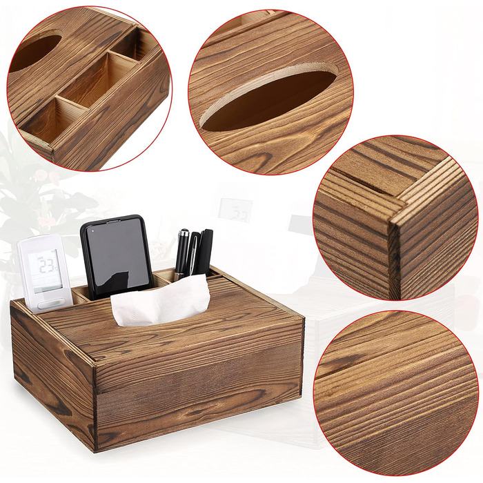 SUMTREE Vintage Rectangular Tissue Box Holder made of Wood with 3 Compartments for Stationery, Remote Controls, Tissue Dispenser Storage Box, Tissue Organizer, Decor (Brown, Large)