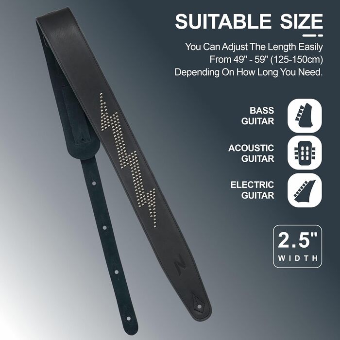 Гітарний ремінь Nefelibata з повномісної шкіри, з підкладкою з піни, з металевими заклепками, для електро-, акустичної та бас-гітари (2,5 см, чорний карбон) (Blitzschlag)