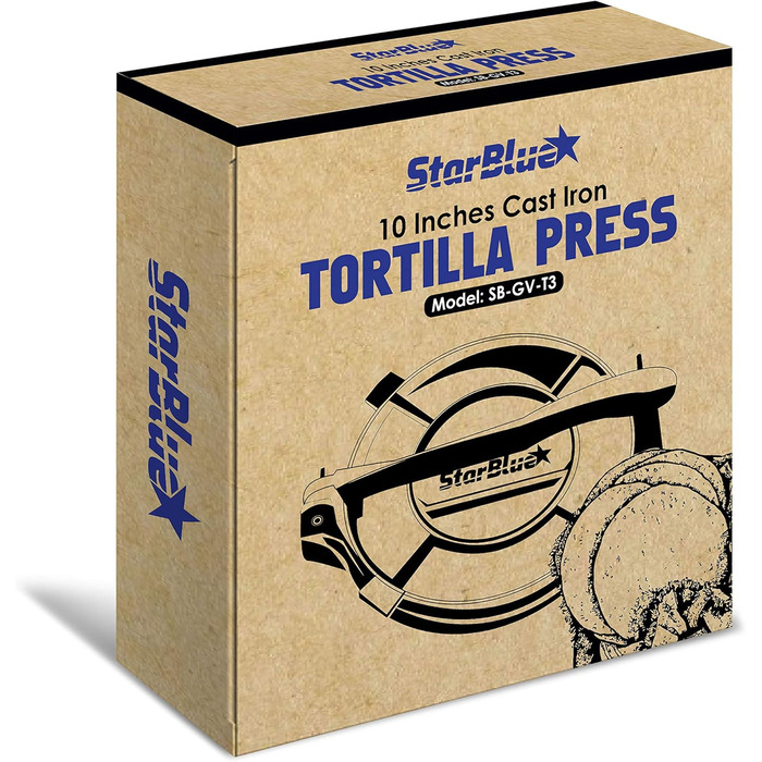 StarBlue Cast Iron Tortilla Press - 10 Inch with 100 Oil Sheets & Recipe eBook - Chapati, Roti, Tortilla Maker