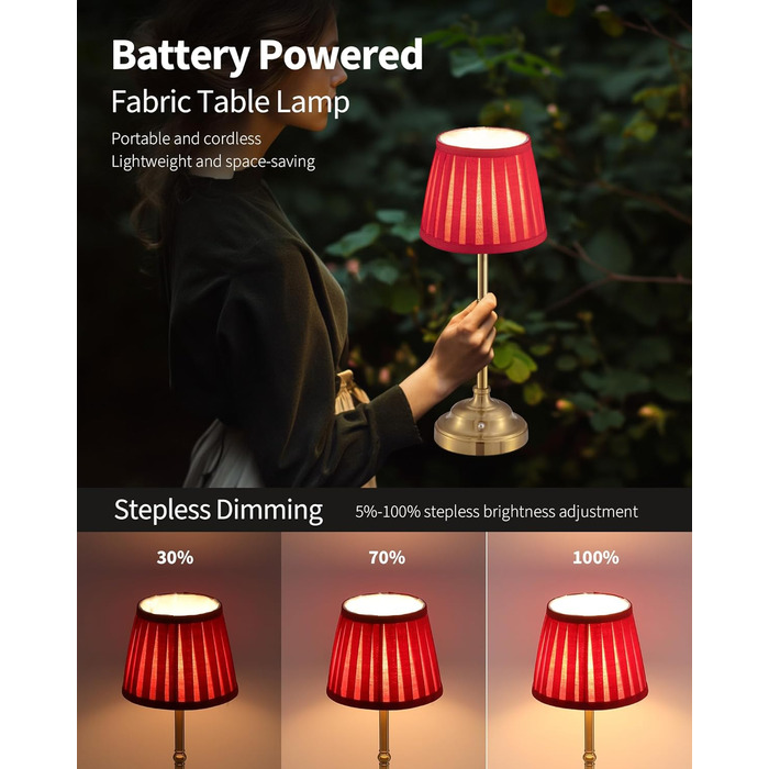 LED Настільна лампа бездротова, димована вінтажна приліжкова лампа, ретро акумуляторна настільна лампа 4000mAh, для дому, бару, вітальні (Золото + Червоний абажур, 2 шт)