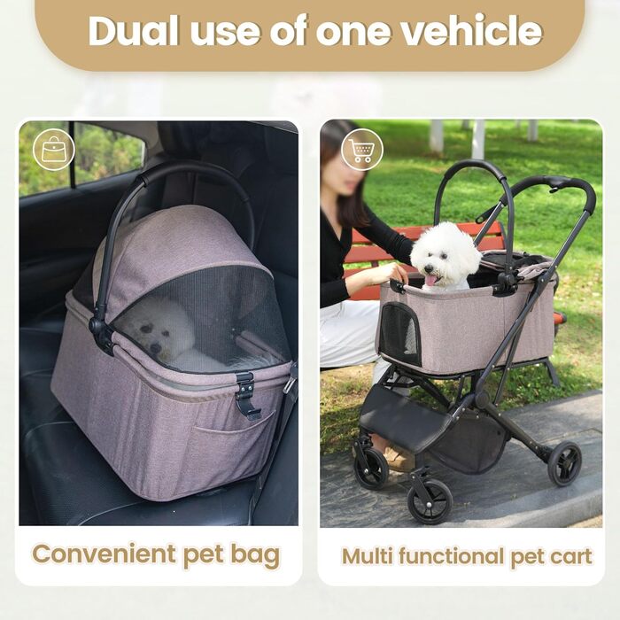 Візок для собак 2-в-1 з віднімним кошиком, складний візок для цуценят та котів, 4 колеса з кишенькою для зберігання, візок для домашніх тварин з поворотними передніми колесами на 360° для подорожей на відкритому повітрі (колір кавовий)