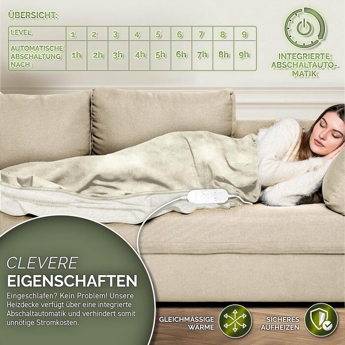 Електрична гріюча ковдра Sinnlein® 160x120 см з таймером та 9 рівнями нагріву | Ковдра для ліжка та дивану | Бежева