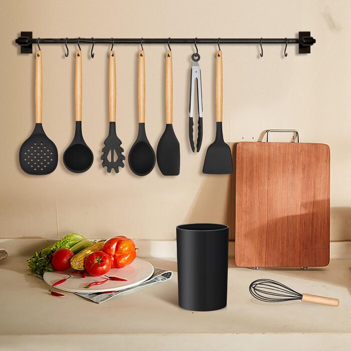 Набір кухонних аксесуарів Homikit 9 шт. з чорного силікону та дерев'яними ручками