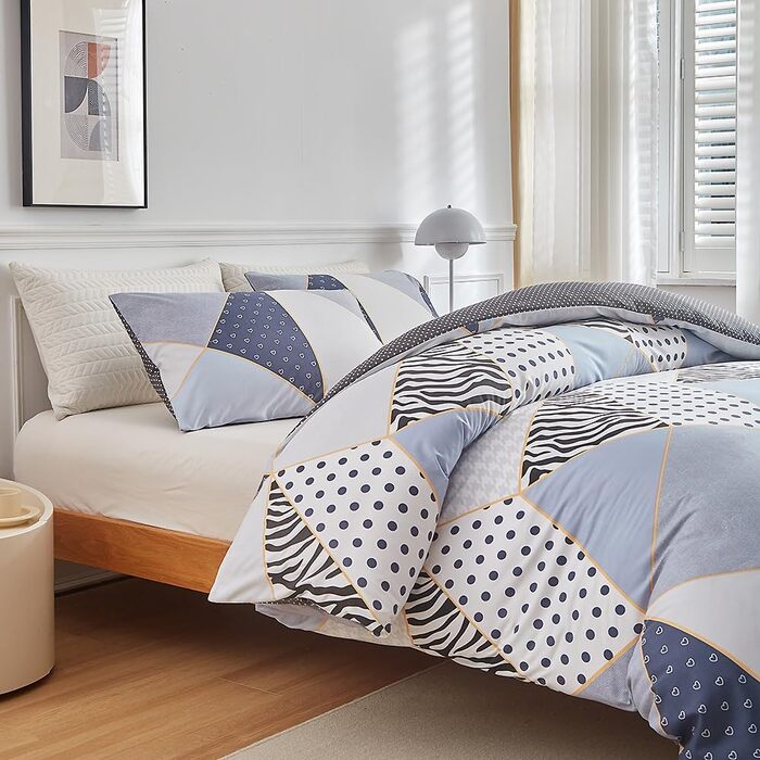 Набір постільної білизни з мармуровим малюнком 200x200, 3 частини: простирадло, 2 наволочки 80x80, мікрофібра, з блискавкою (блакитний трикутник, крапка)