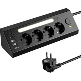 Кутова мережева розетка з USB та 2 Type-C, 4 слоти, з вимикачем, захист від перенапруги, LED, кабель 1.8м