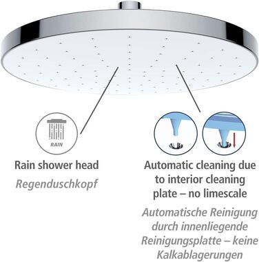 WENKO Showerhead Automatic Cleaning - Anti-Limescale Universal Showerhead with Automatic Cleaning System, Plastic (ABS), 22.5 x 22.5 cm, Silver Glossy, Chrome, 24000100