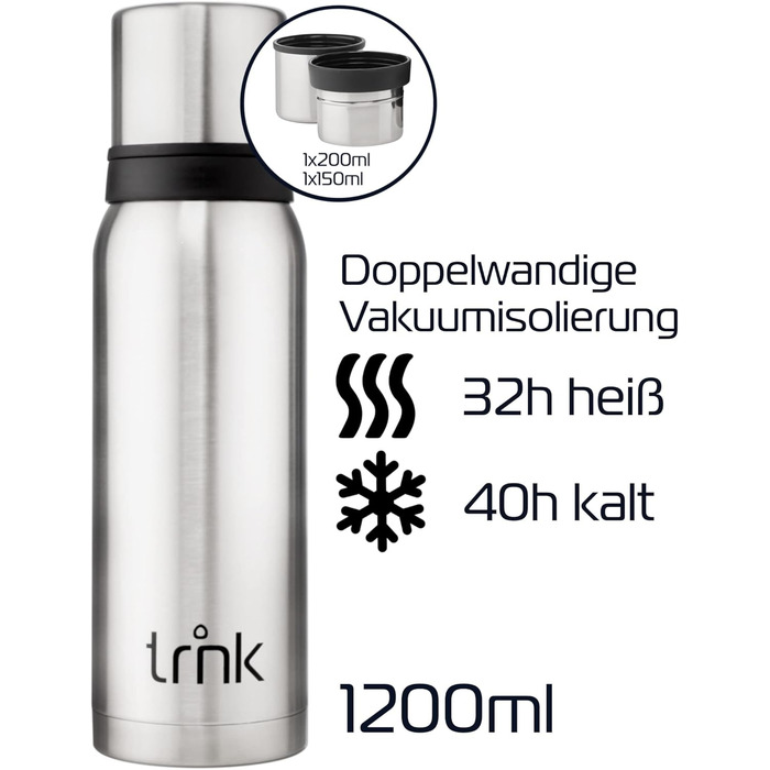 Термос Outdoor Arktis 2 - 1200 мл, нержавіюча сталь, BPA-free, зберігає тепло 32 години, з 2 кришками-чашками, для посудомийної машини, сірий колір