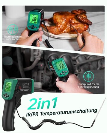 Інфрачервоний термометр ERICKHILL -50°C до 800°C, безконтактний цифровий лазерний термометр з щупом для м'яса -50°C до 300°C, регульований коефіцієнт випромінювання – для приготування їжі/грилю/заморожування