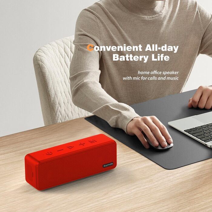 Raymate Bluetooth Портативна Колонка з Подвійним Басом 20W, IPX7 Водонепроникна, TWS, 15 годин, для дому та на вулицю (червона)