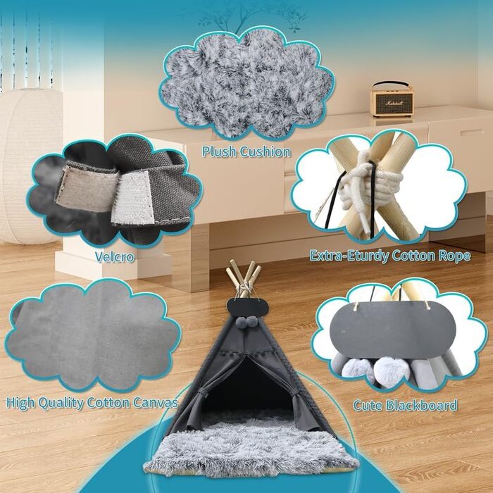 Зручне собаче намет Tipi з плюшевим матрацом, 50x50x60 см, темно-сірий