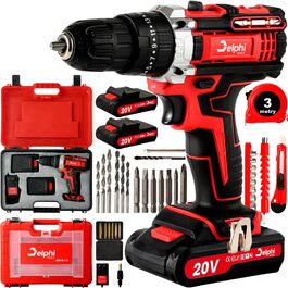 Акумуляторний шуруповерт DELPHI 20V: комплект з 2 акумуляторами, 50Nm, 2 швидкості, 25 ступенів моменту, LED-ліхтар, 34 аксесуари в кейсі для DIY-проєктів