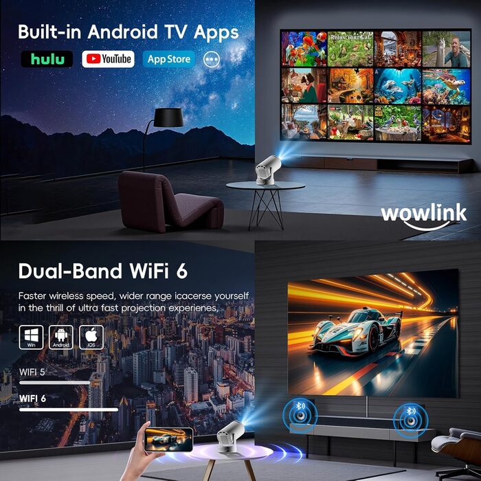 Портативний проєктор Mini Beamer 4K/1080p з Wi-Fi 6 та Bluetooth 5.4. Keystone 180°, сумісний з HDMI, TV Stick, Memory Stick, Laptop. Колір: Бежевий