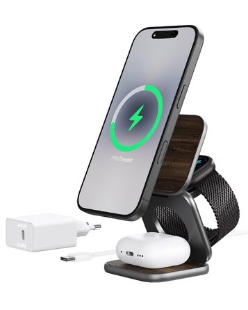 Бездротова зарядна станція KU XIU X40 Turbo Qi2.2 25W 3-в-1 для iPhone 17/16/15/14/13/12, Apple Watch, AirPods. Алюмінієвий адаптер GaN 45W, дерев'яна текстура