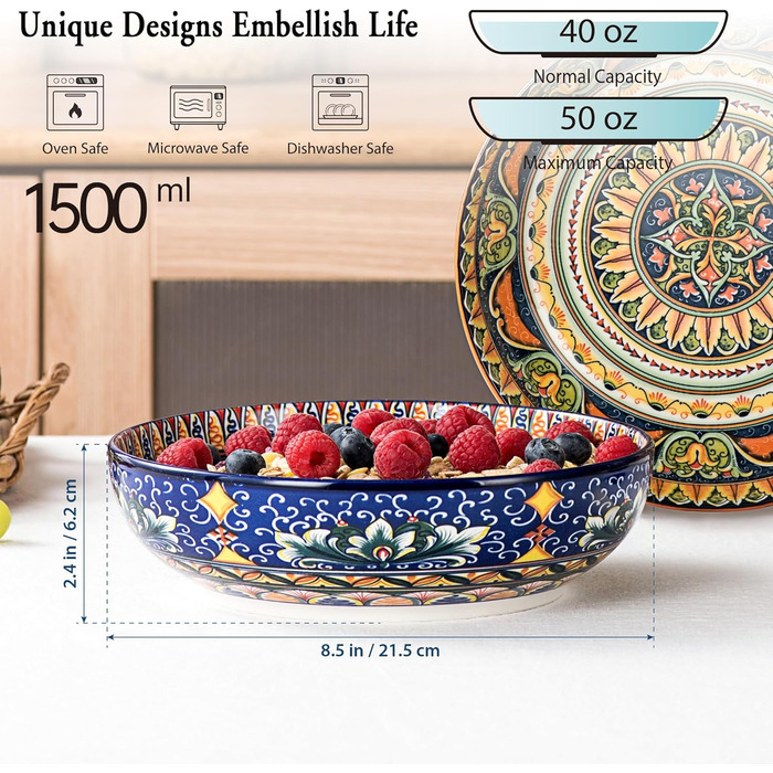 Набір тарілок Henten Home Mylo: 2 тарілки для супу та салатів, 1500 мл, бохо стиль (синьо-помаранчевий)