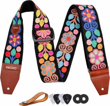 Гітарний ремінь 5,1 см з бавовни з шкіряними кінцями для бас-гітари, електрогітари та акустичної гітари (Кольорова квітка 02)