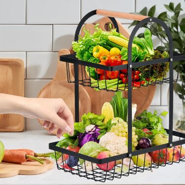 Двоярусна фруктова корзина DODUOS, етажерка для фруктів та овочів, чорна металева фруктова тарілка з ручкою, для дому, кухні, офісу