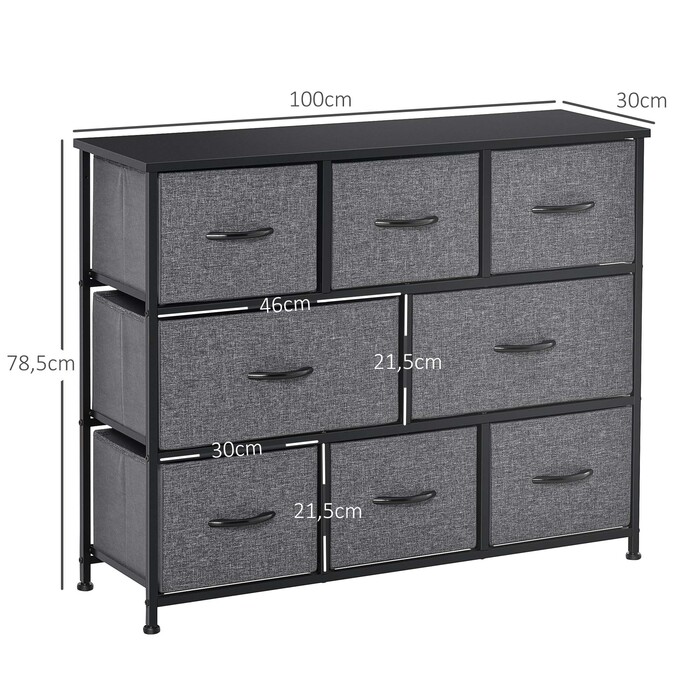 HOMCOM 8-Drawer Fabric Chest of Drawers Storage Cabinet Dresser with Handles, Metal Frame, Modern Design Closet for Bedroom, Living Room Dark Grey | Aosom