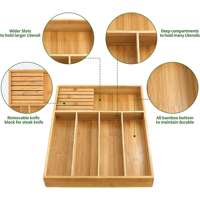 VaeFae Bamboo Cutlery Organizer, Utensil Holder for Drawer, Wooden Cutlery Tray with Divider for Kitchen, Cutlery Storage and Removable Knife Block