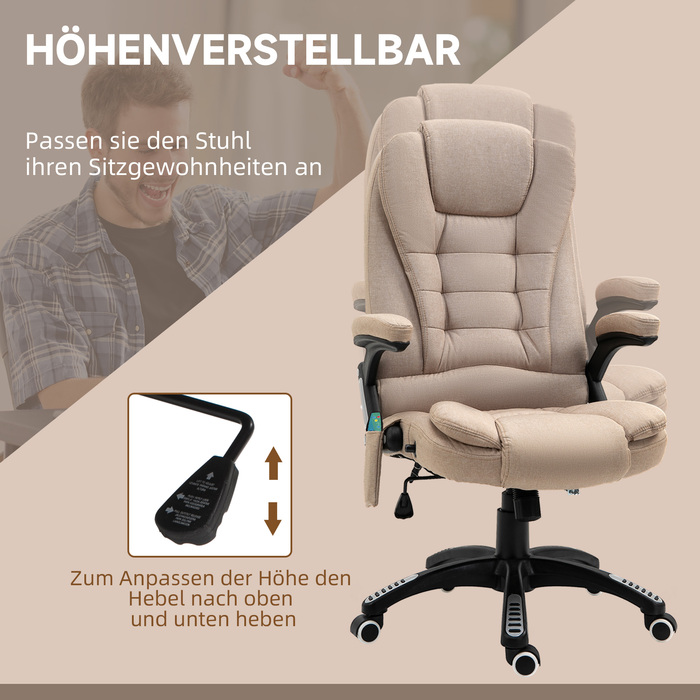 Vinsetto Office Chair with Vibration Massage, Ergonomic Desk Chair with Heating and Recline Function, Adjustable Height Executive Chair with Remote Control, Side Pocket, Linen-Look, Brown | Aosom