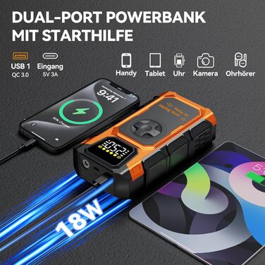 Powerbank для автомобіля Starthilfe 6000A з компресором 150PSI, 12V, для бензинових та дизельних авто (до 10л), QC3.0, LCD, ліхтарик